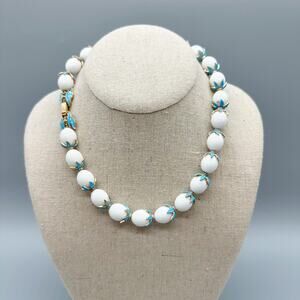 Mid Century Crown Trifari Choker Necklace White Lucite & Turquoise Enamel Caps